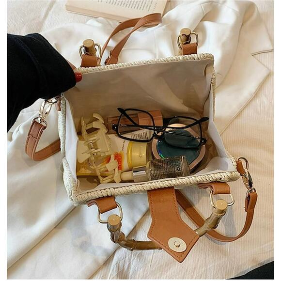 Straw Rattan Handbag Women Khaki Light Top Handle Crossbody Summer Beach Bag - Picture 6 of 9